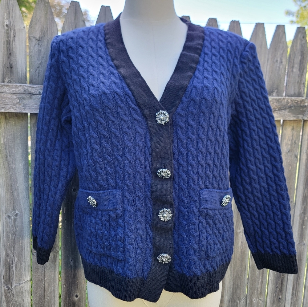 St. John Collection 100% Wool Large Navy Blue Cable Knit Cardigan Black Trim